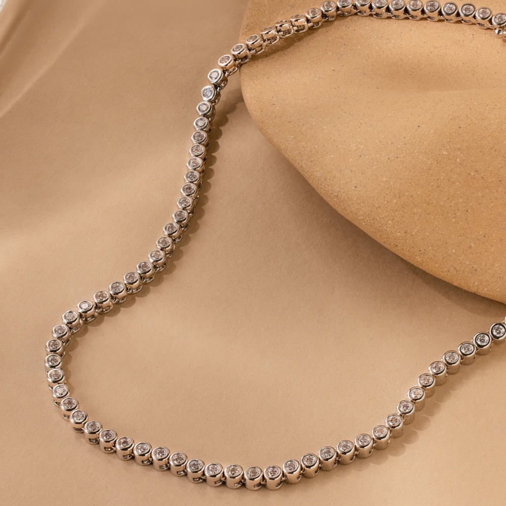 New white Gold Plated Bezel CZ Tennis Necklace | 16.5” Sparkly Choker - Picture 3 of 7
